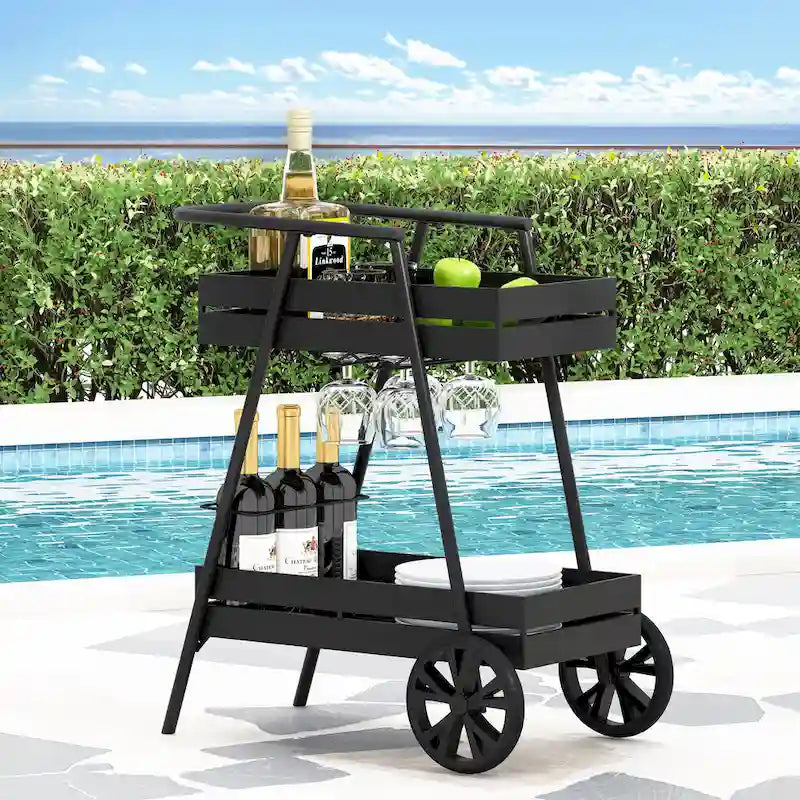 Modern Industrial Bar Cart with Iron Frame, Wheelbarrow-Inspired Design, Wine Bottle Holders and Mobile Rolling Wheels