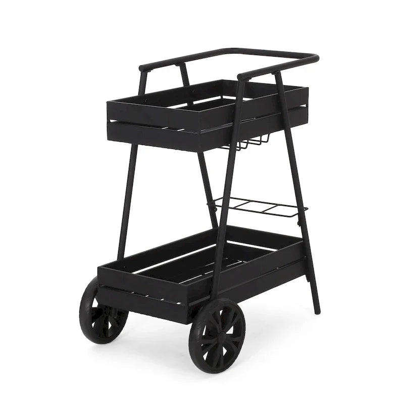 Modern Industrial Bar Cart with Iron Frame, Wheelbarrow-Inspired Design, Wine Bottle Holders and Mobile Rolling Wheels