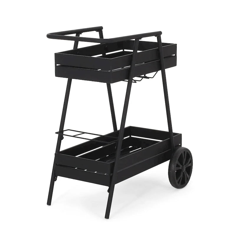 Modern Industrial Bar Cart with Iron Frame, Wheelbarrow-Inspired Design, Wine Bottle Holders and Mobile Rolling Wheels