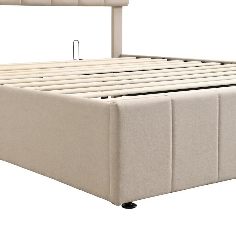 Queen Size Linen Platform Bed - Hydraulic Lift Platform with Hidden Compartment, Solid Pine Wood Frame