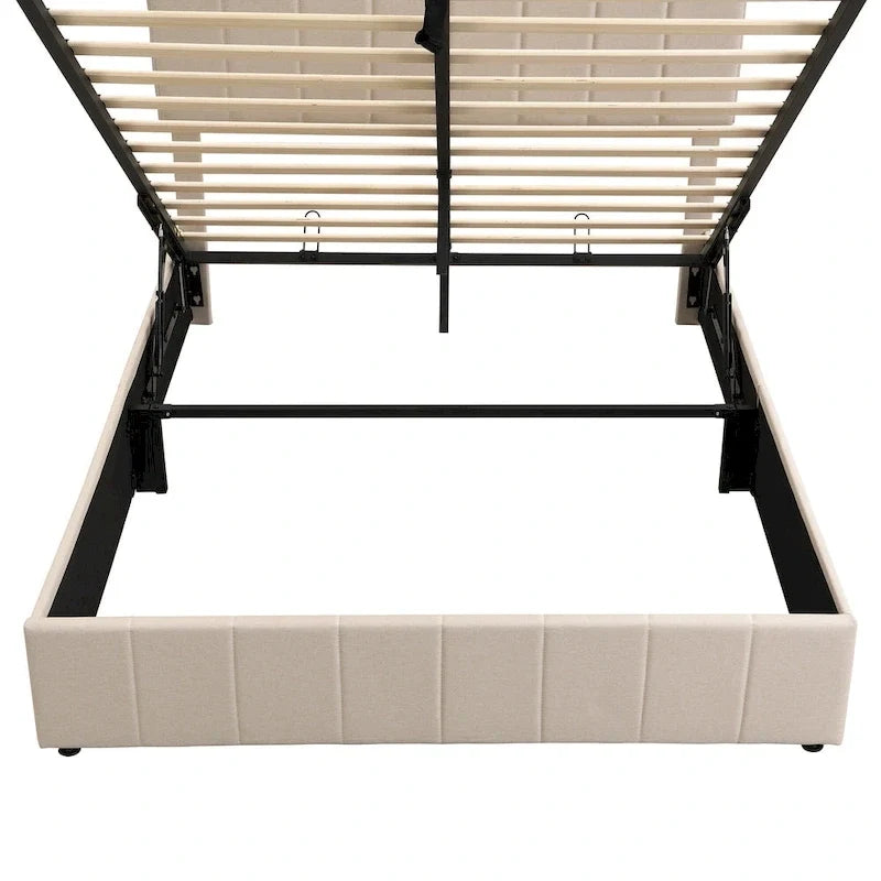 Queen Size Linen Platform Bed - Hydraulic Lift Platform with Hidden Compartment, Solid Pine Wood Frame
