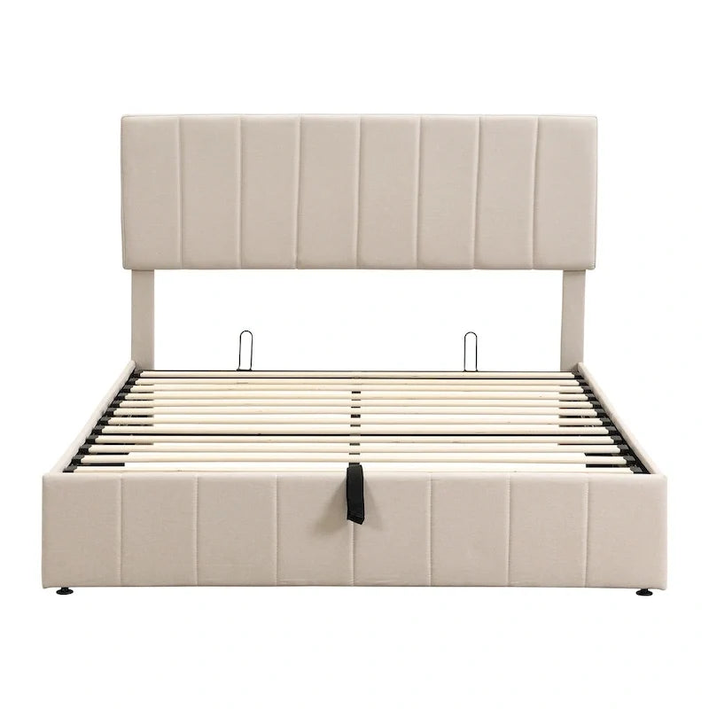 Queen Size Linen Platform Bed - Hydraulic Lift Platform with Hidden Compartment, Solid Pine Wood Frame