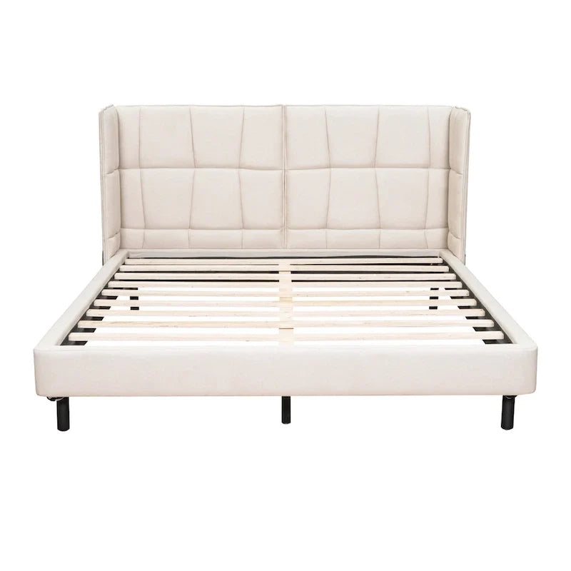 Queen Size Upholstered Platform Bed with LED Lights and U-Shaped Headboard