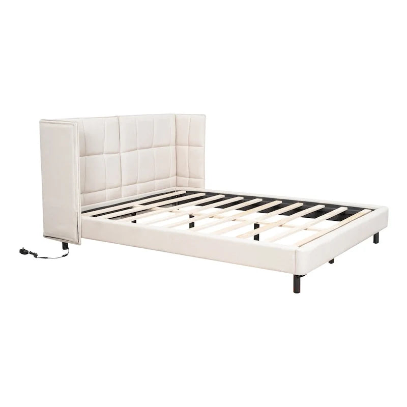 Queen Size Upholstered Platform Bed with LED Lights and U-Shaped Headboard