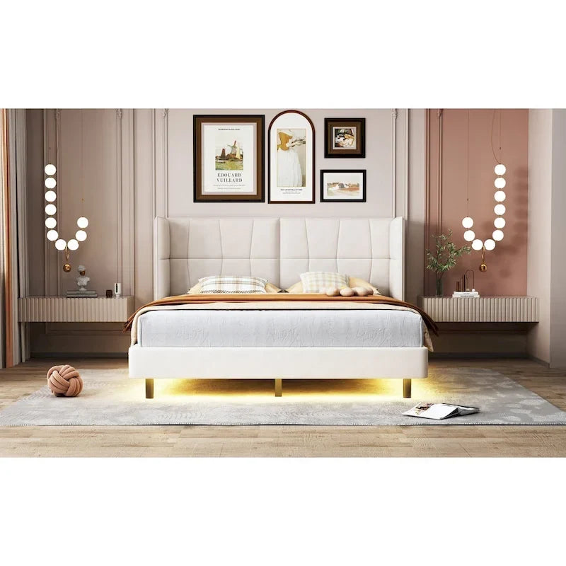 Queen Size Upholstered Platform Bed with LED Lights and U-Shaped Headboard