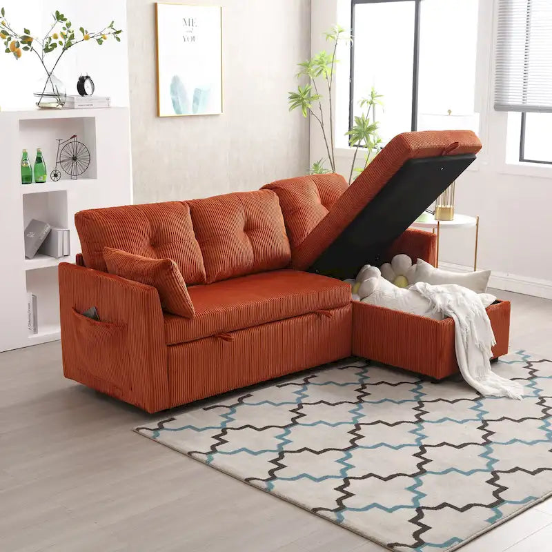 81.1 L-Shaped Fabric Sofa: Reversible Chaise, Storage, Solid Wood Frame, and Foam Seating