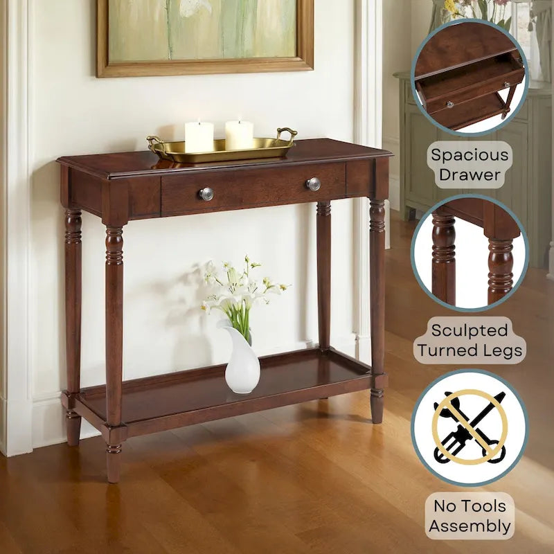 Tavolino da ingresso stile country francese con 1 cassetto e ripiano