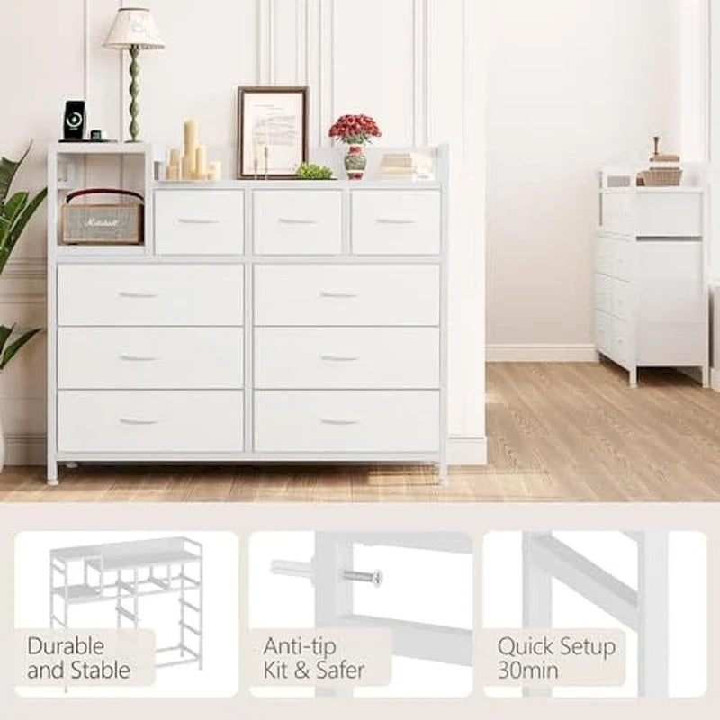 Bedroom Dresser with 9 Drawers Tv Stand with Charging Stand Modern Fabric Chest of Drawers
