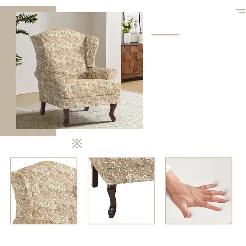 Tapicerowany fotel akcentowy z wysokim oparciem i bocznymi skrzydłami w stylu mid-century modern