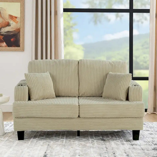 Współczesna sofa dwuosobowa z sztruksu, 61, z 2 poduszkami i uchwytem na kubek