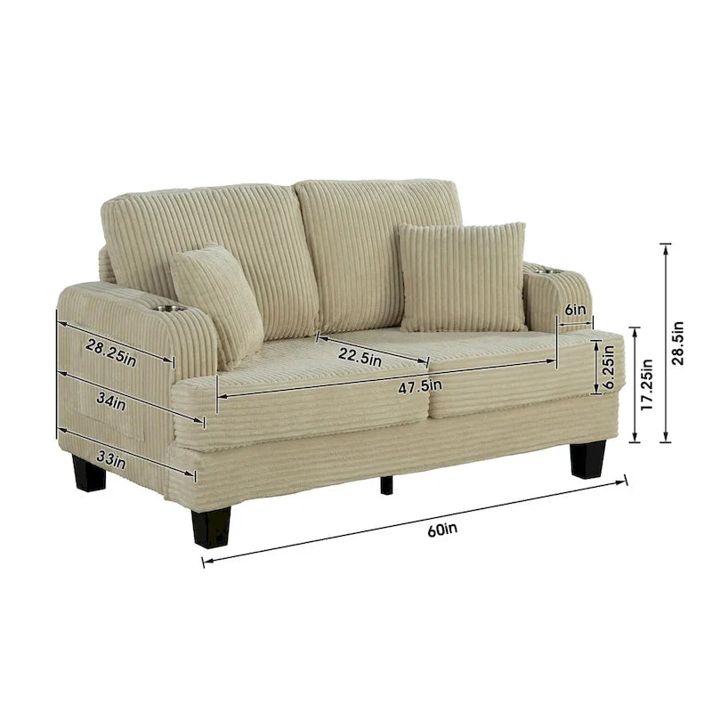 61 Contemporary Corduroy Loveseat Sofa with 2 Pillows and Cup Holder