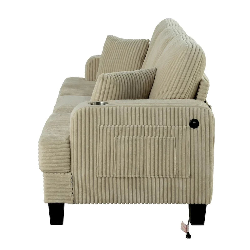 61 Contemporary Corduroy Loveseat Sofa with 2 Pillows and Cup Holder