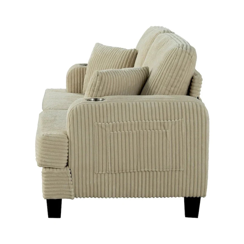 61 Contemporary Corduroy Loveseat Sofa with 2 Pillows and Cup Holder
