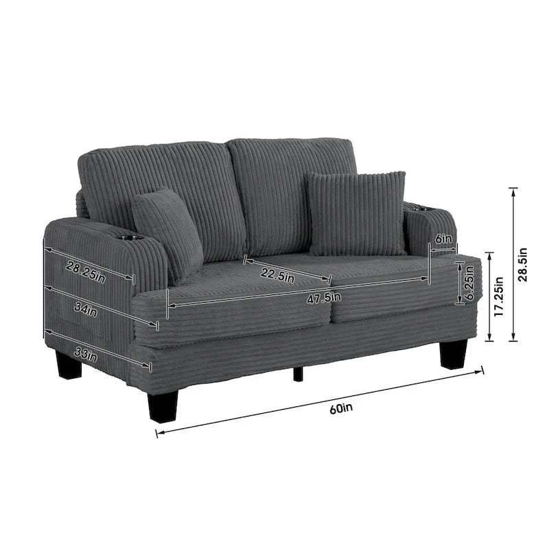 61 Contemporary Corduroy Loveseat Sofa with 2 Pillows and Cup Holder