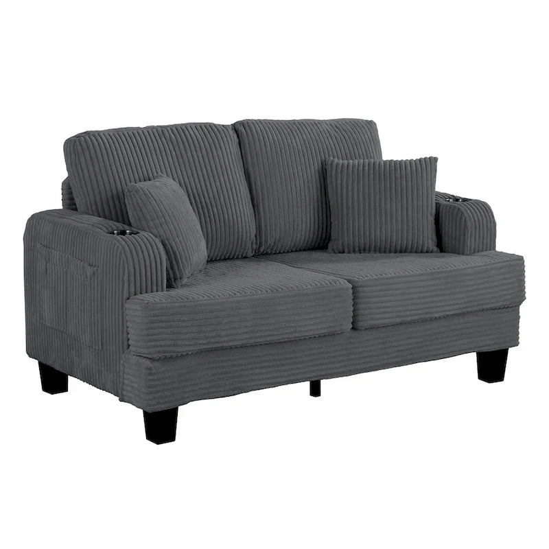 61 Contemporary Corduroy Loveseat Sofa with 2 Pillows and Cup Holder