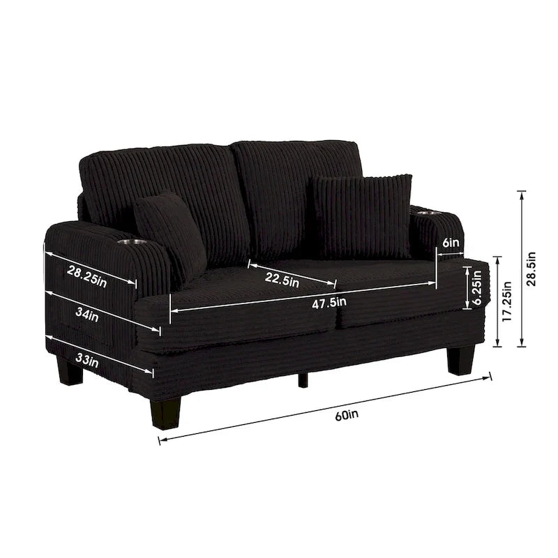 61 Contemporary Corduroy Loveseat Sofa with 2 Pillows and Cup Holder