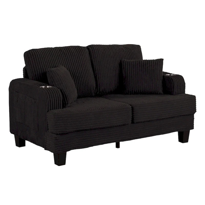 61 Contemporary Corduroy Loveseat Sofa with 2 Pillows and Cup Holder