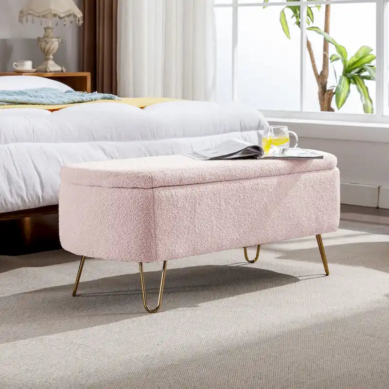 Faux Fur Entryway Bench Padded with Storage