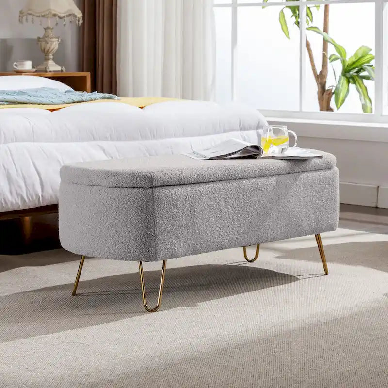 Faux Fur Entryway Bench Padded with Storage