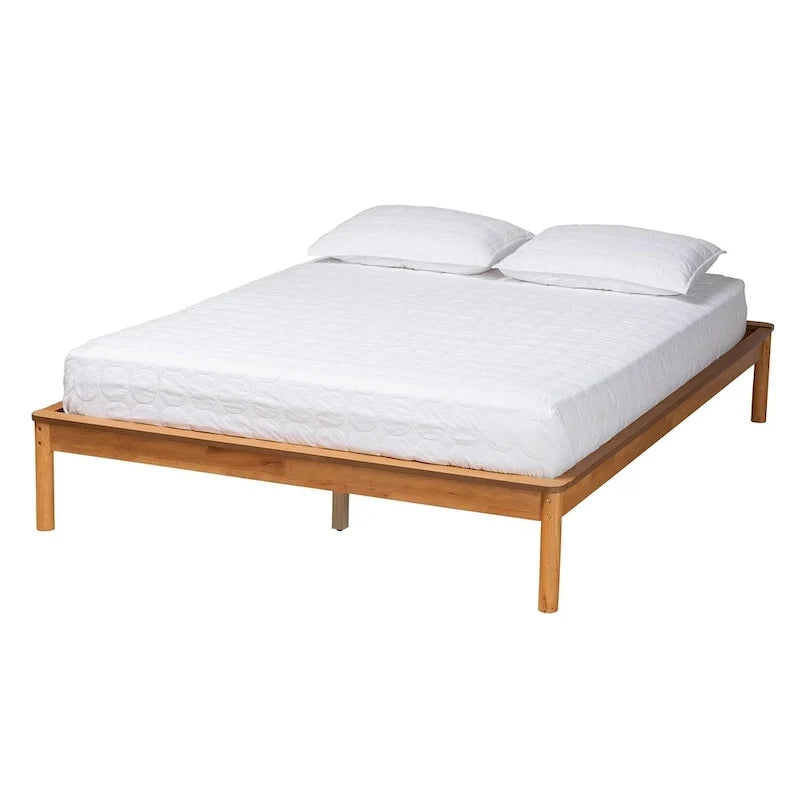 Mid-Century Modern Honey Oak Finished Wood Full Size Bed Frame