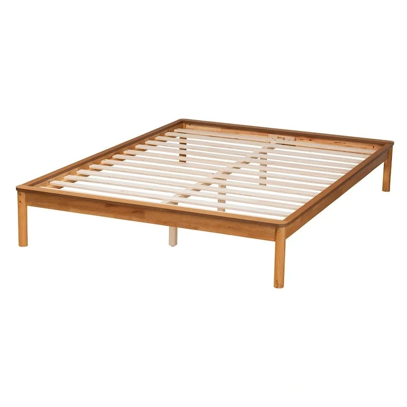 Mid-Century Modern Honey Oak Finished Wood Full Size Bed Frame
