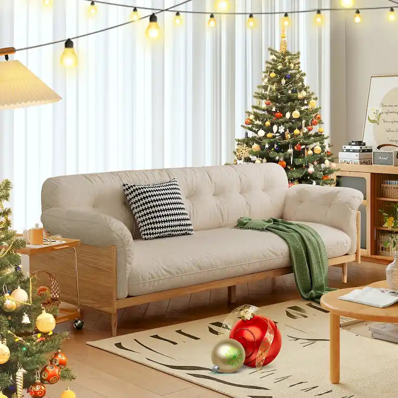 Modern 3-Seat Upholstered Cotton Linen Sofa,Beige