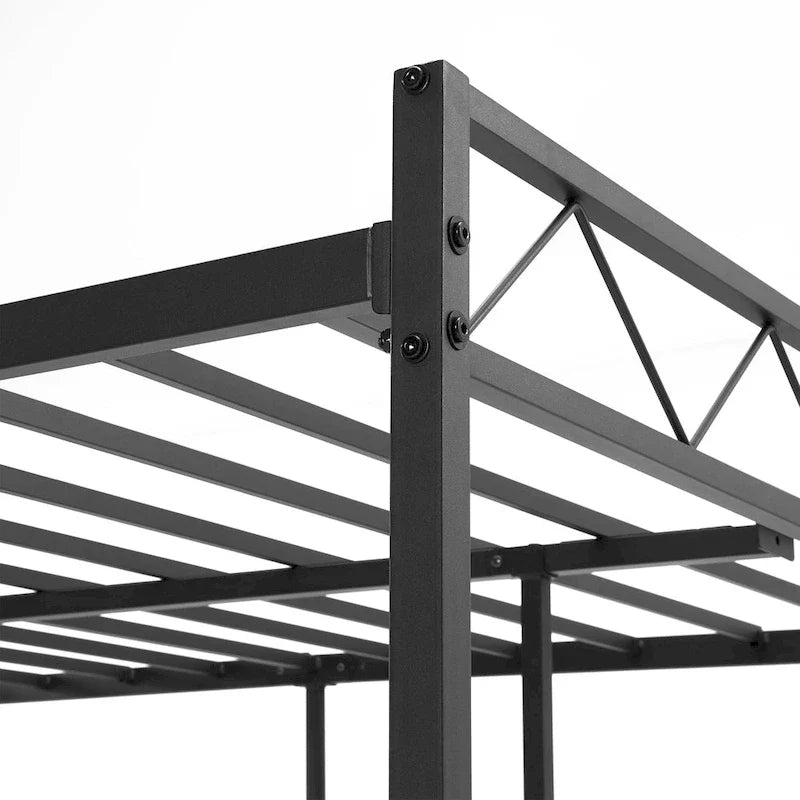 Metal Bed Frame with Brown Wooden Headboard, No Box Spring Needed