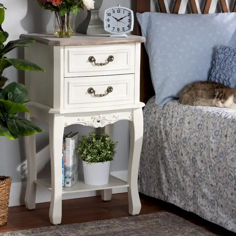French Country Cottage Two-Tone White and Oak Finished 2-Drawer Wood End Table