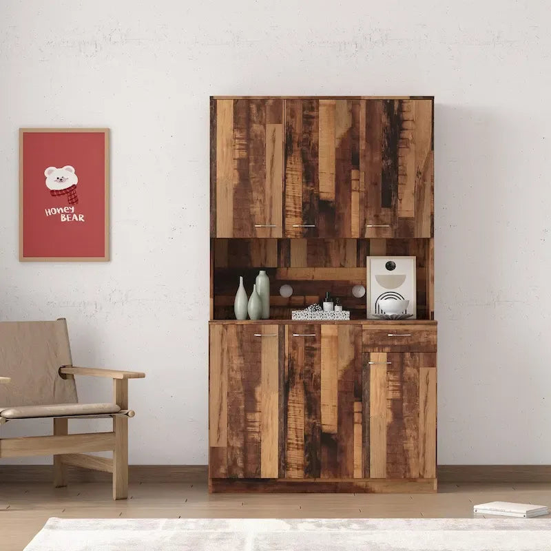 Rustic Farmhouse Tall Wardrobe, Armoire with Shelves, Open Compartment and Drawer, Freestanding Storage Closet Wardrobe Cabinet