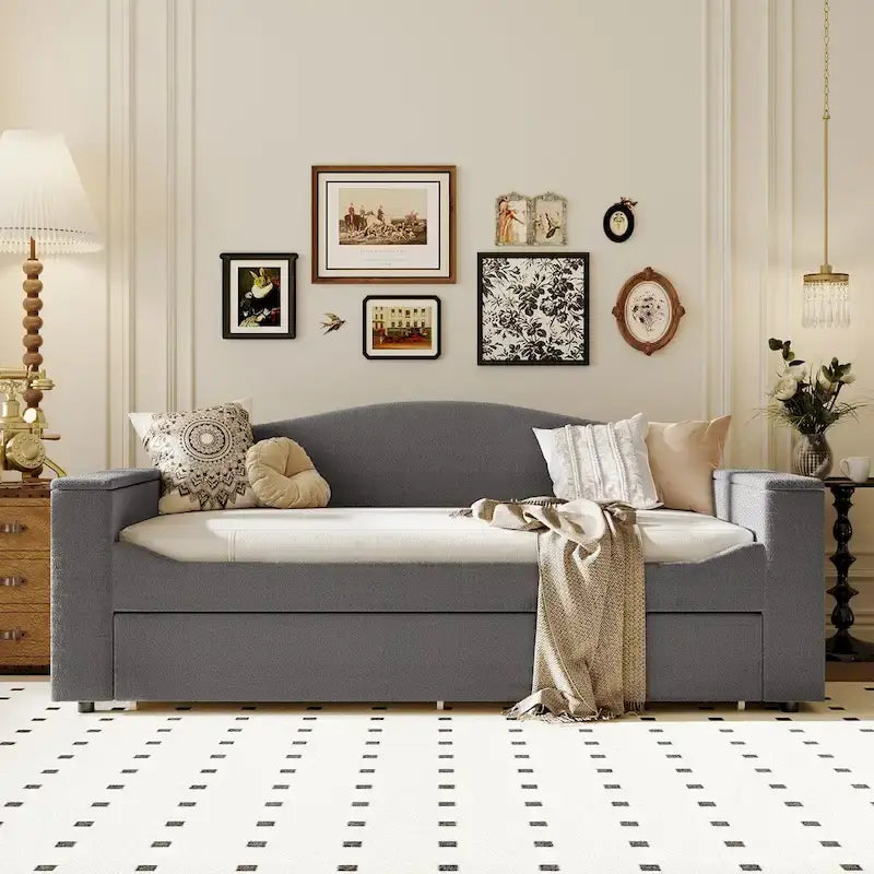 Twin Size Teddy Fleece Daybed with Storage Armrests and Trundle