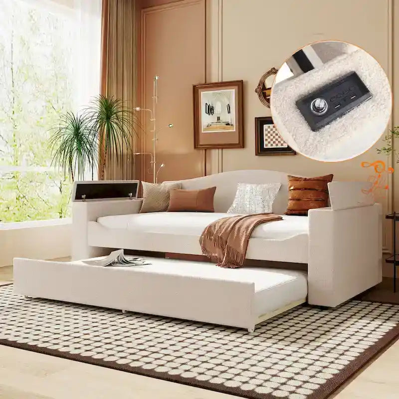 Twin Size Teddy Fleece Daybed with Storage Armrests and Trundle