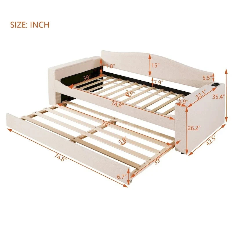Twin Size Teddy Fleece Daybed with Storage Armrests and Trundle