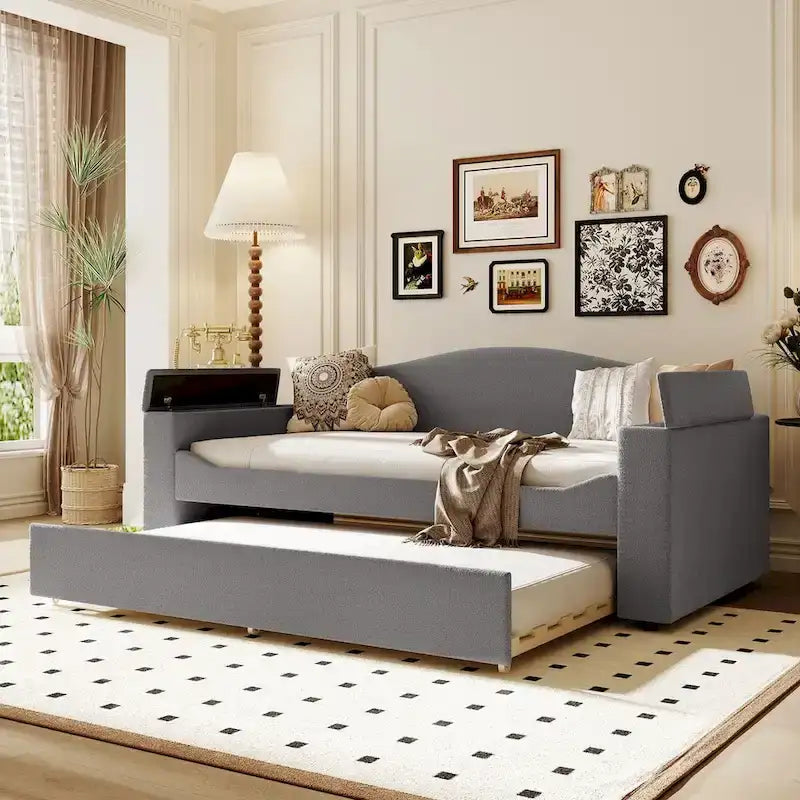 Twin Size Teddy Fleece Daybed with Storage Armrests and Trundle