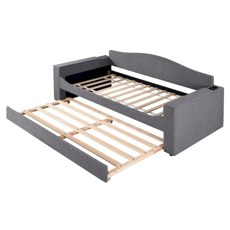 Twin Size Teddy Fleece Daybed with Storage Armrests and Trundle