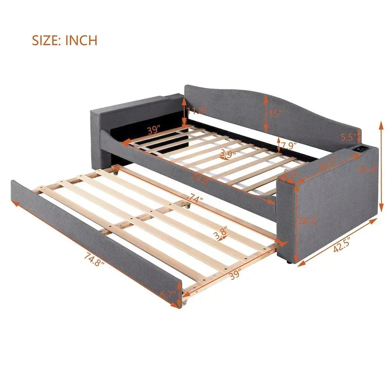Twin Size Teddy Fleece Daybed with Storage Armrests and Trundle