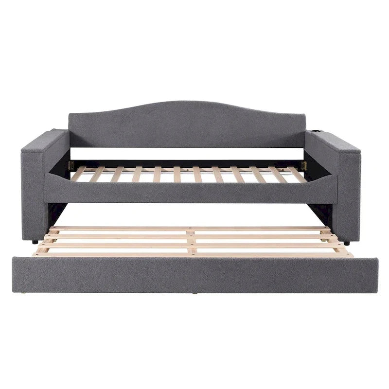 Twin Size Teddy Fleece Daybed with Storage Armrests and Trundle