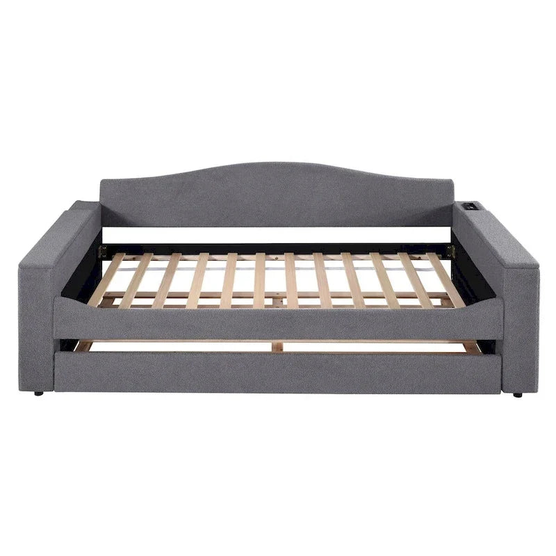 Twin Size Teddy Fleece Daybed with Storage Armrests and Trundle