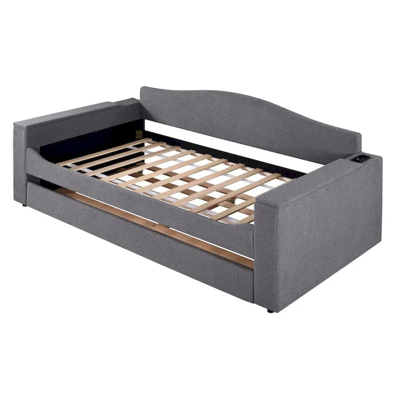 Twin Size Teddy Fleece Daybed with Storage Armrests and Trundle
