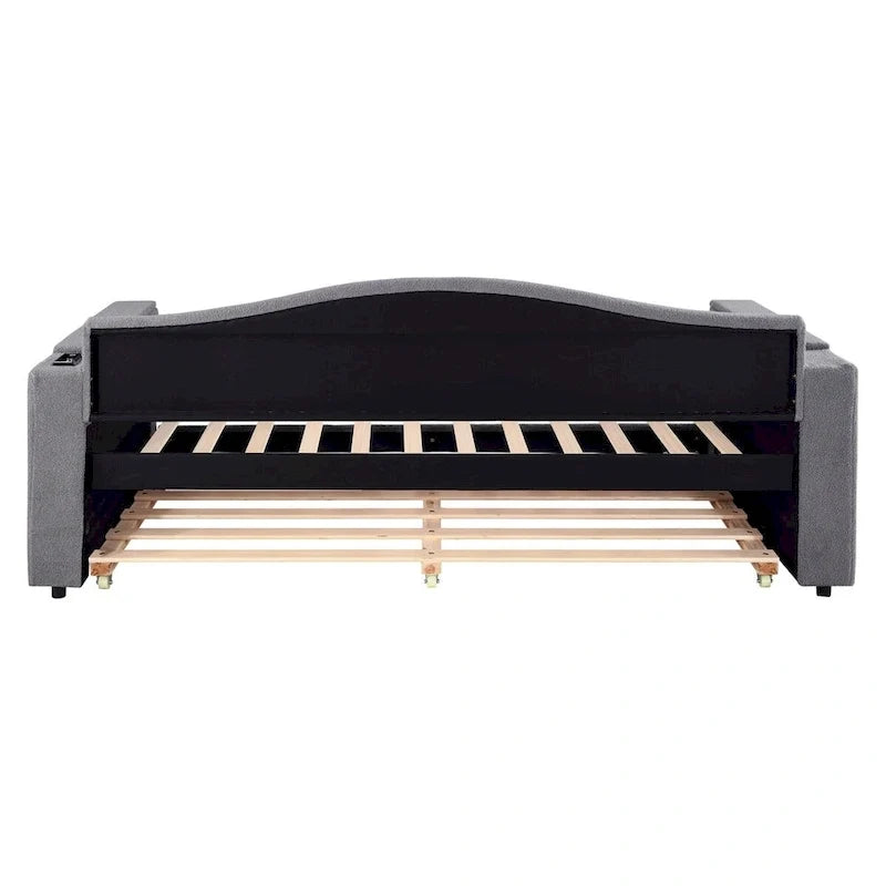 Twin Size Teddy Fleece Daybed with Storage Armrests and Trundle