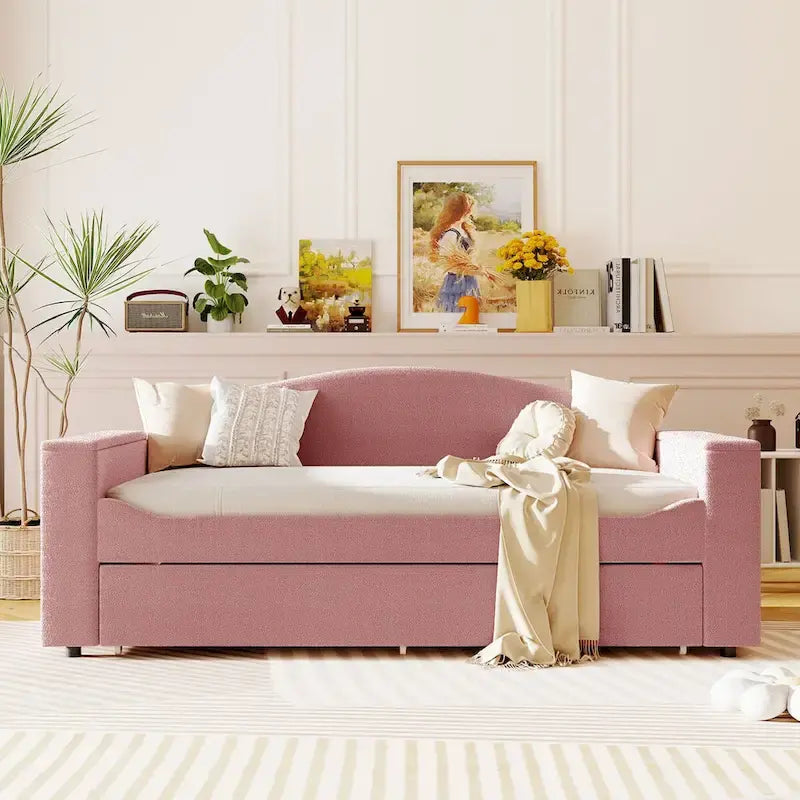 Twin Size Teddy Fleece Daybed with Storage Armrests and Trundle