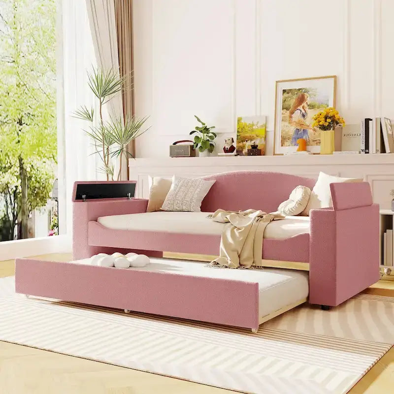 Twin Size Teddy Fleece Daybed with Storage Armrests and Trundle