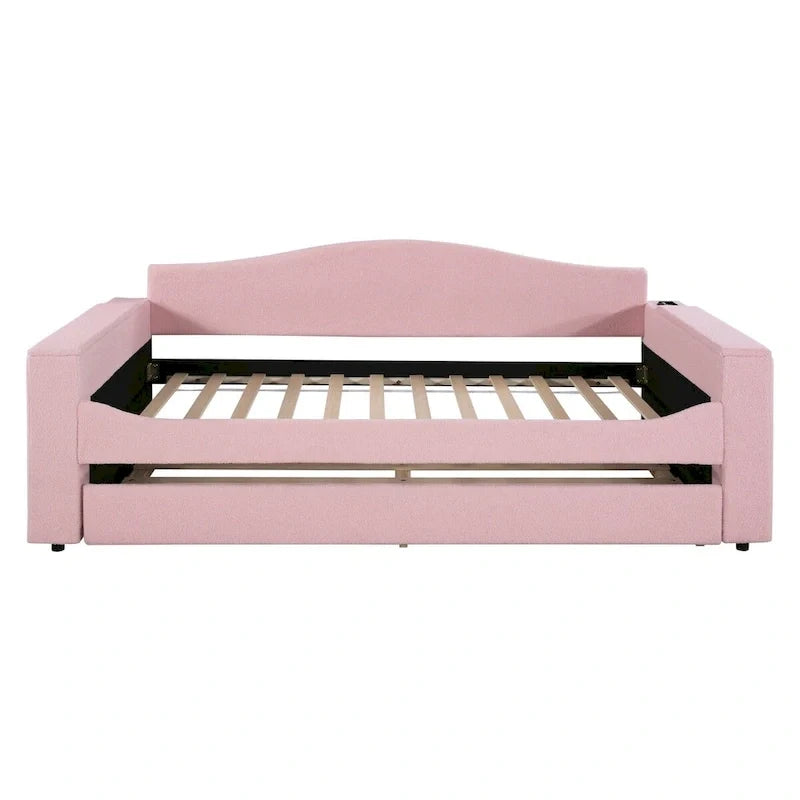 Twin Size Teddy Fleece Daybed with Storage Armrests and Trundle