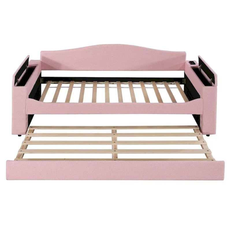 Twin Size Teddy Fleece Daybed with Storage Armrests and Trundle