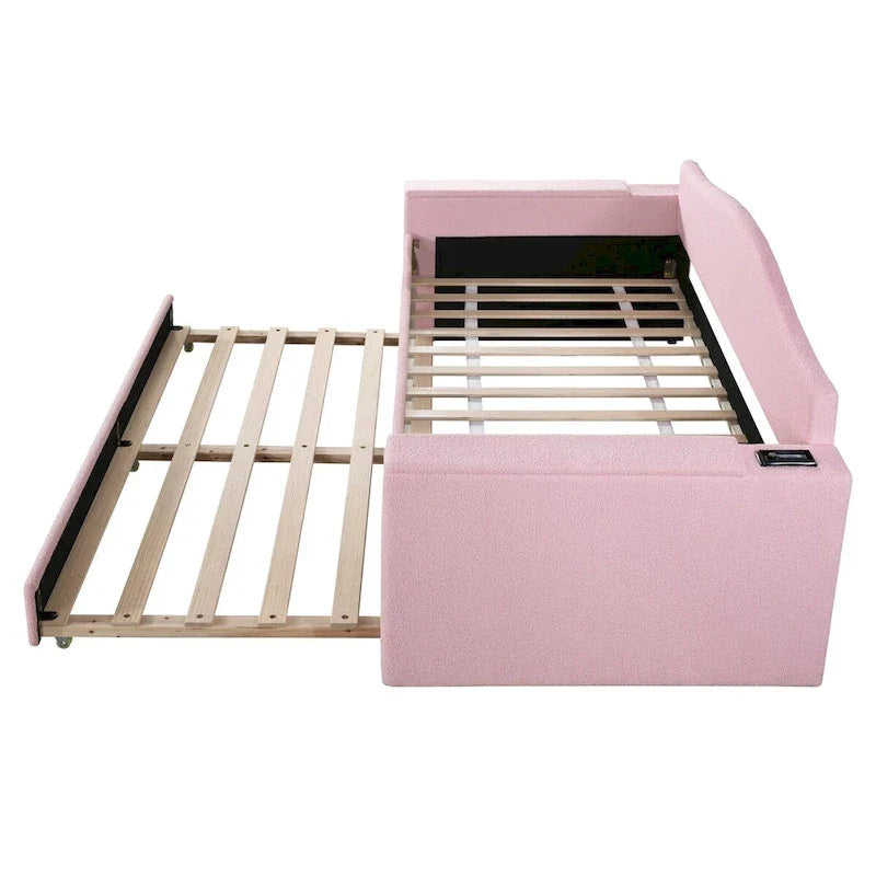 Twin Size Teddy Fleece Daybed with Storage Armrests and Trundle