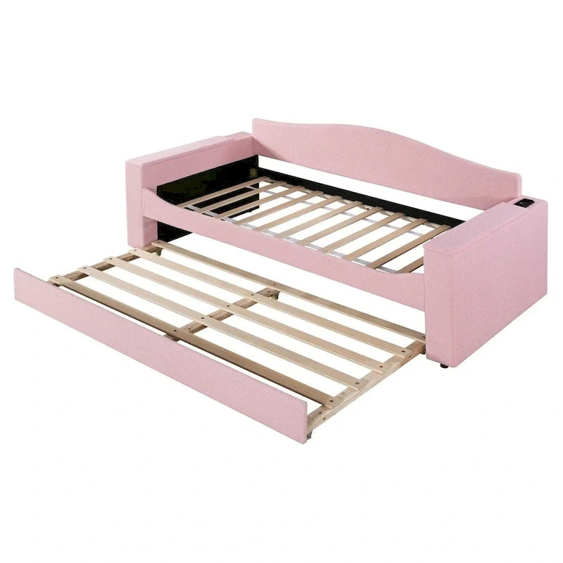Twin Size Teddy Fleece Daybed with Storage Armrests and Trundle