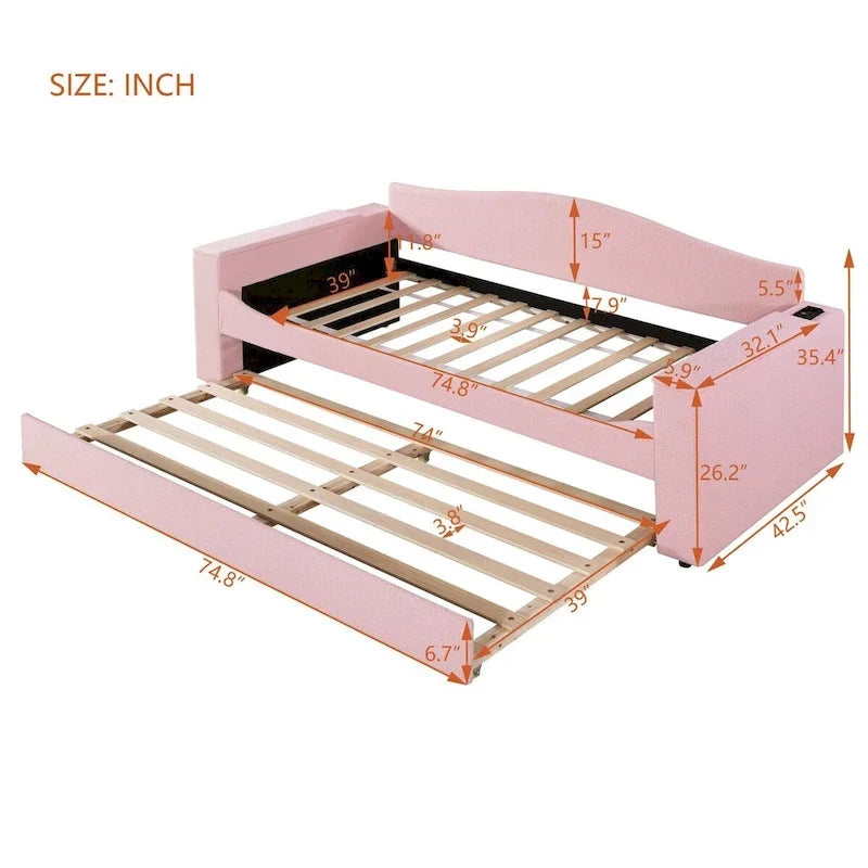 Twin Size Teddy Fleece Daybed with Storage Armrests and Trundle