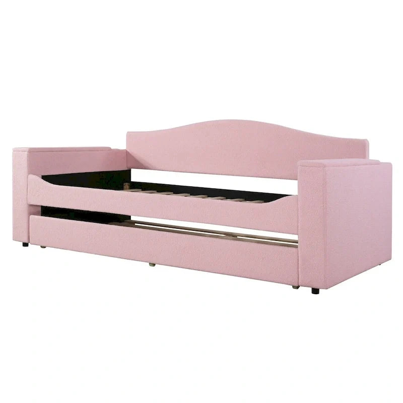 Twin Size Teddy Fleece Daybed with Storage Armrests and Trundle