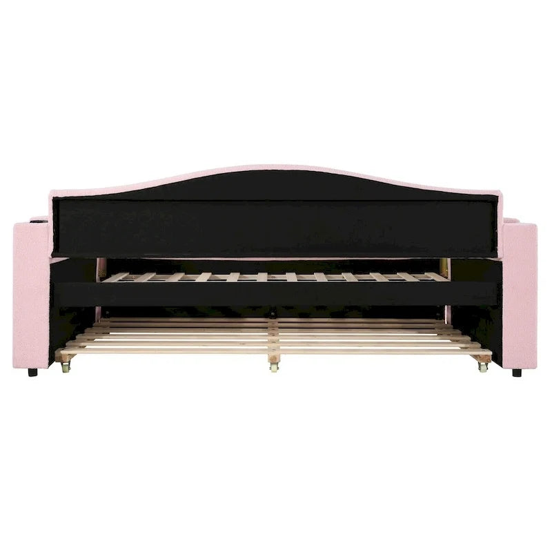 Twin Size Teddy Fleece Daybed with Storage Armrests and Trundle