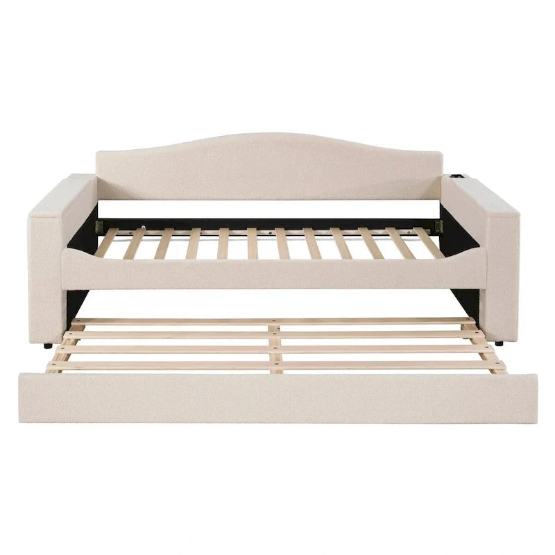 Twin Size Teddy Fleece Daybed with Storage Armrests and Trundle