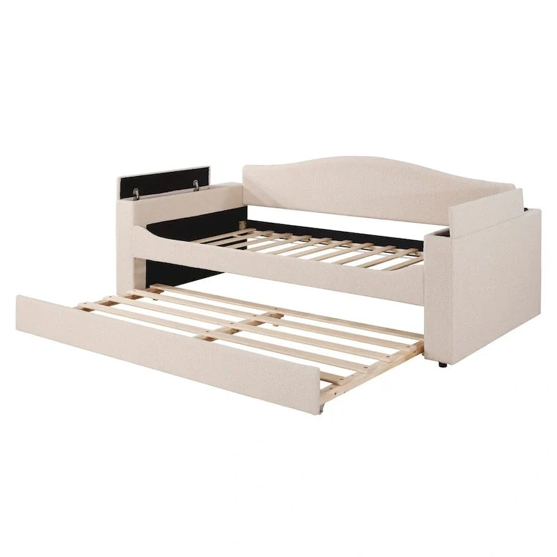 Twin Size Teddy Fleece Daybed with Storage Armrests and Trundle